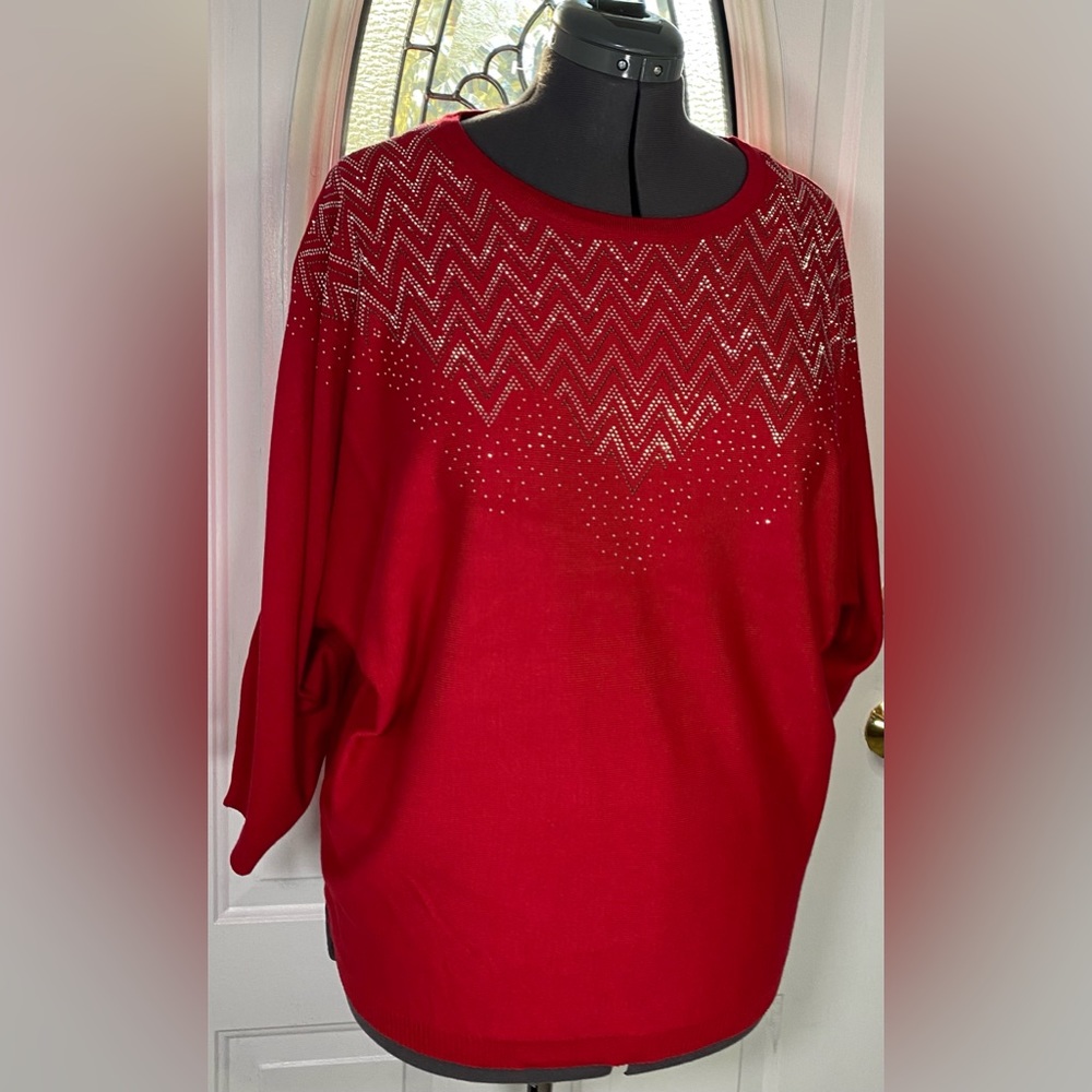 Ashley Stewart Red Barbados Silver Crystal EmbellSweater Size 14/16 NWT - Picture 4 of 7